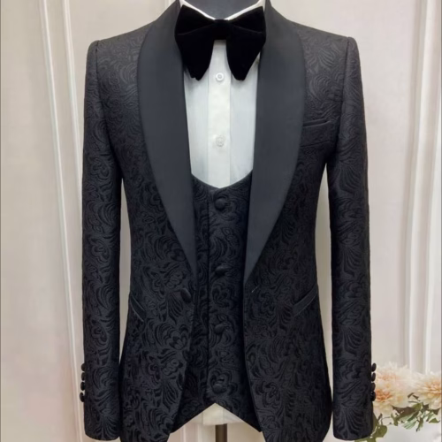 Black Floral Tuxedo with Shawl Lapel. 3 piece