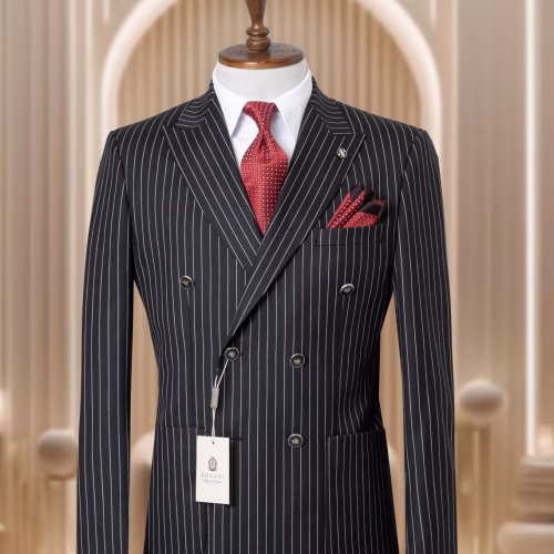 Double breasted, peaked lapel mens stripped suit black