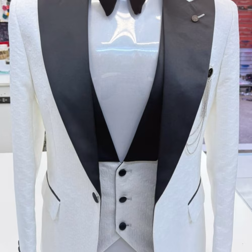 White Damask Tuxedo with peaked lapel. 3 piece