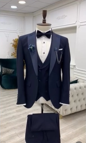 3 Piece Tuxedo - Navy Blue (Peaked)