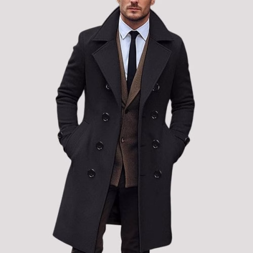 Men's Double-breasted Long Coat - Black