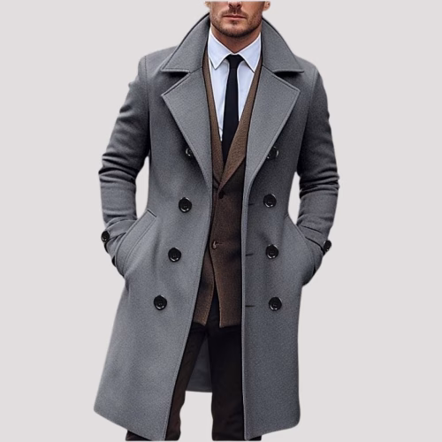 Men's Double-breasted Long Coat - Grey
